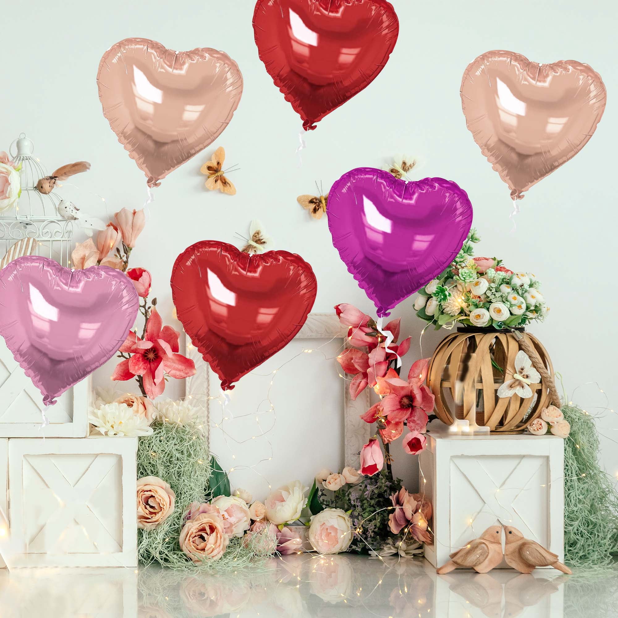 Unique Bargains 10Pcs Helium Balloons with Ribbon Heart Pattern Red Champagne Gold Tone