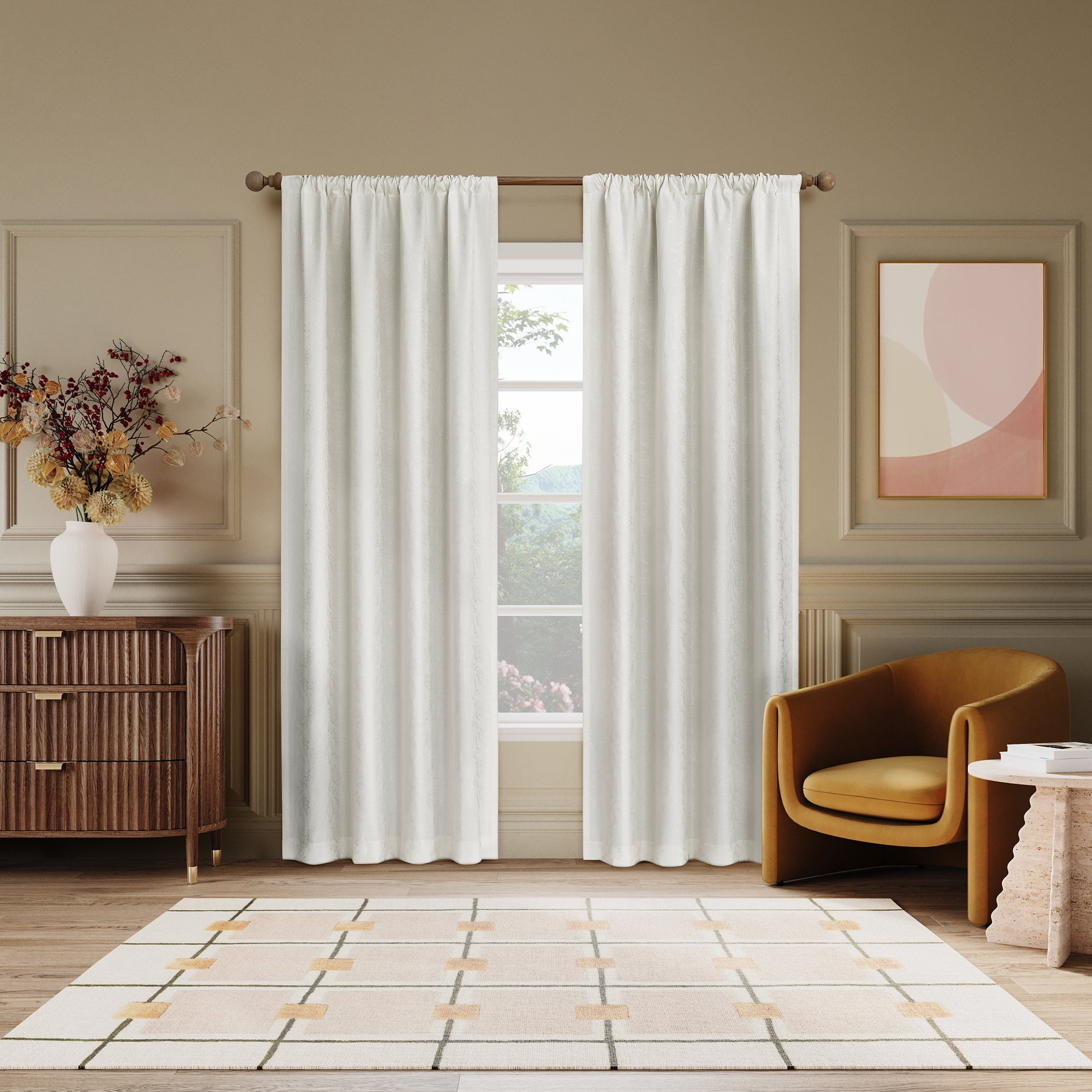 Sun Zero Bronte Floral Jacquard 100% Blackout Rod Pocket Curtain Panel, 50"W X 63"L, Pearl