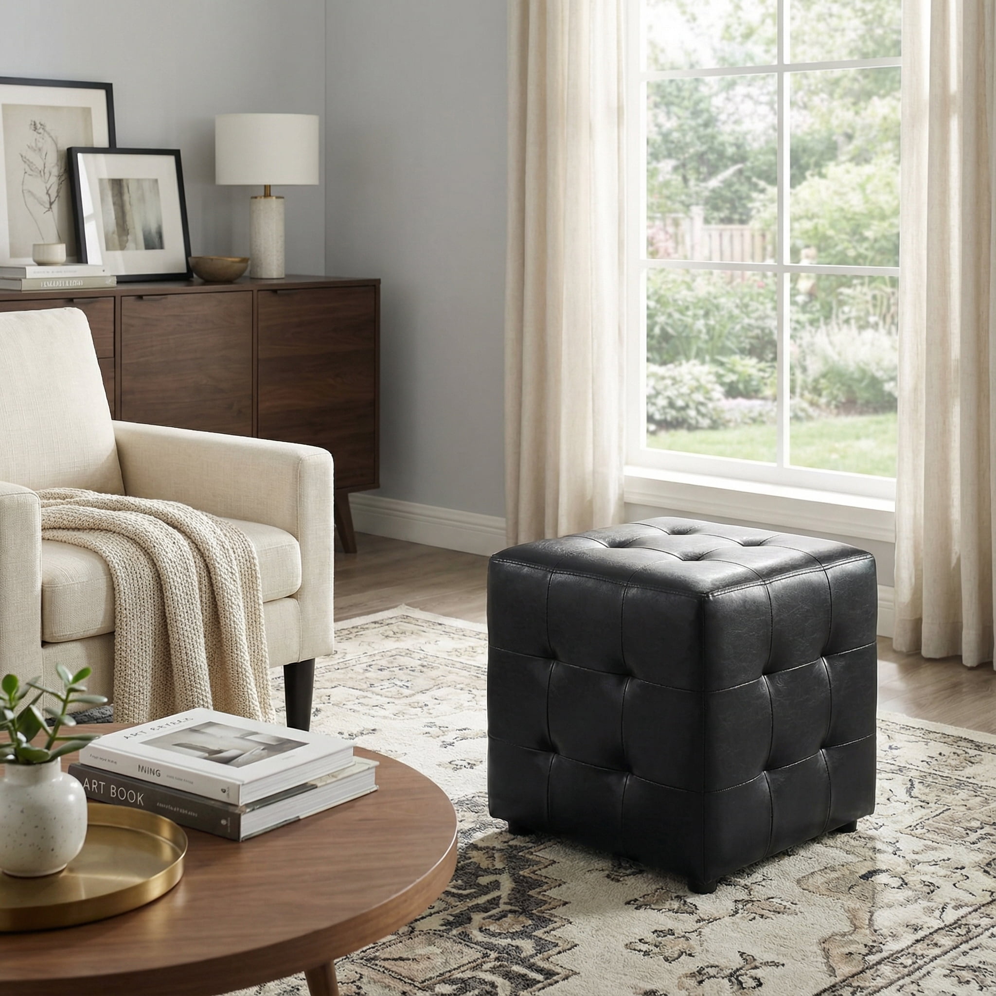 Cortesi Home Braque Black Tufted Cube Ottoman in Leather like Vinyl