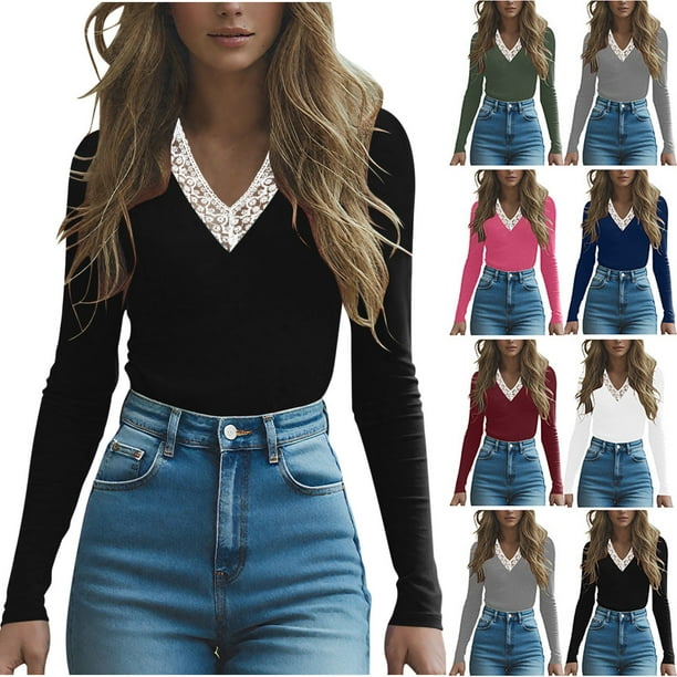 Tops de encaje para mujer,Blusa informal de poliéster con cuello en V y manga corta para mujer, ideal para usar en cualquier temporada, sopatenor