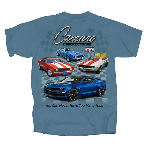 Joe Blow Camaro Too Many Toys Adult Short Sleeve T-Shirt-Stone Blue-large