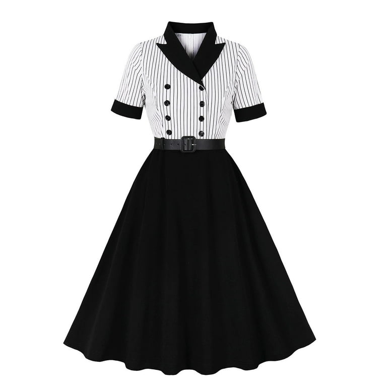 gljltg 1950s Dresses for Women Turndown Short Sleeved Black and White  Striped Dress,Spring Summer Retro Audrey Hepburn Dresses Elegant A-line  Swing Sliming Midi Dress - Walmart.com