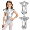 thumbnail image 5 of Hansber Girls Gymnastics Leotard Metallic Shiny Flying Sleeve Mock Neck Dance Bodysuit One Piece Tumbling Outfit Silver 12, 5 of 7
