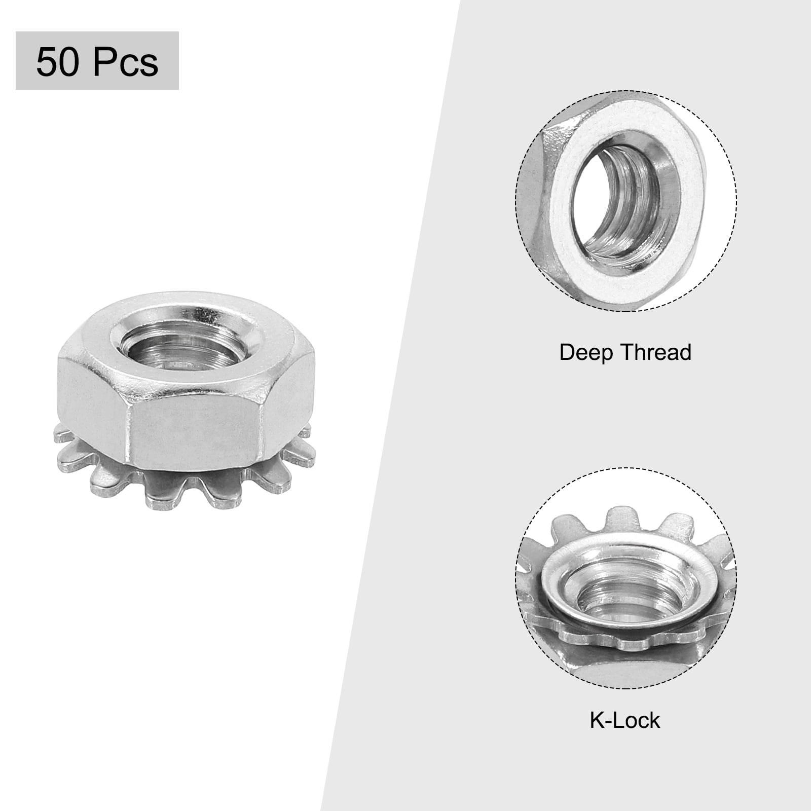 Uxcell 50Pack 5/16"-18 K-Lock Nut with External Tooth Washer, 304 Stainless Steel Silver