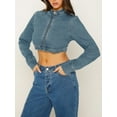 thumbnail image 6 of Liacowi Cropped Denim Jacket for Women Vintage-Inspired Denim Jacket Stand Collar Long Sleeve Zipper Denim Jacket Fall Casual Denim Blouse Coat, 6 of 9