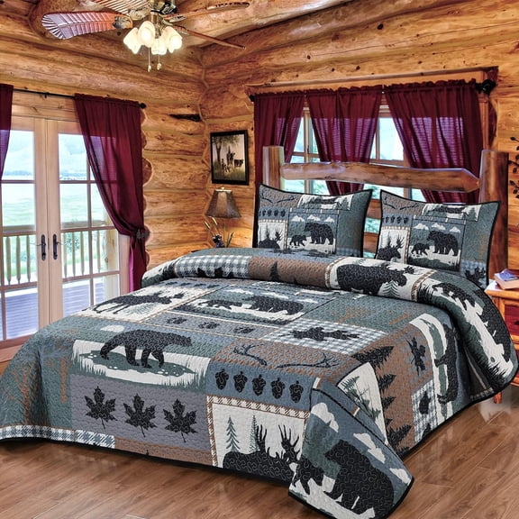 Woodland Symbols Quilt Queen Size Print Design, Cabin Lodge Quilted Bedspread Coverlet for All Season, 3-Piece Rustic Bedding Set and 2 Pillow Shams for Nature Lovers