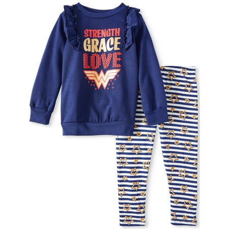 Wonder Woman Ruffled Shoulder Fleece Sweatshirt and Legging, 2-Piece Outfit Set (Little Girls)