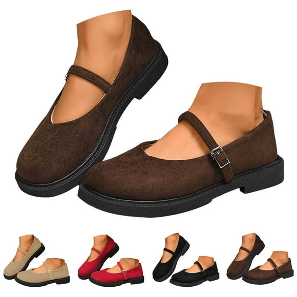 Pandaie Womens Mary Jane Flats with Strap Suede Round Toe Casual Slip on Flat Shoes Comfortable Office Business Work Walking Loafers Black 8.5
