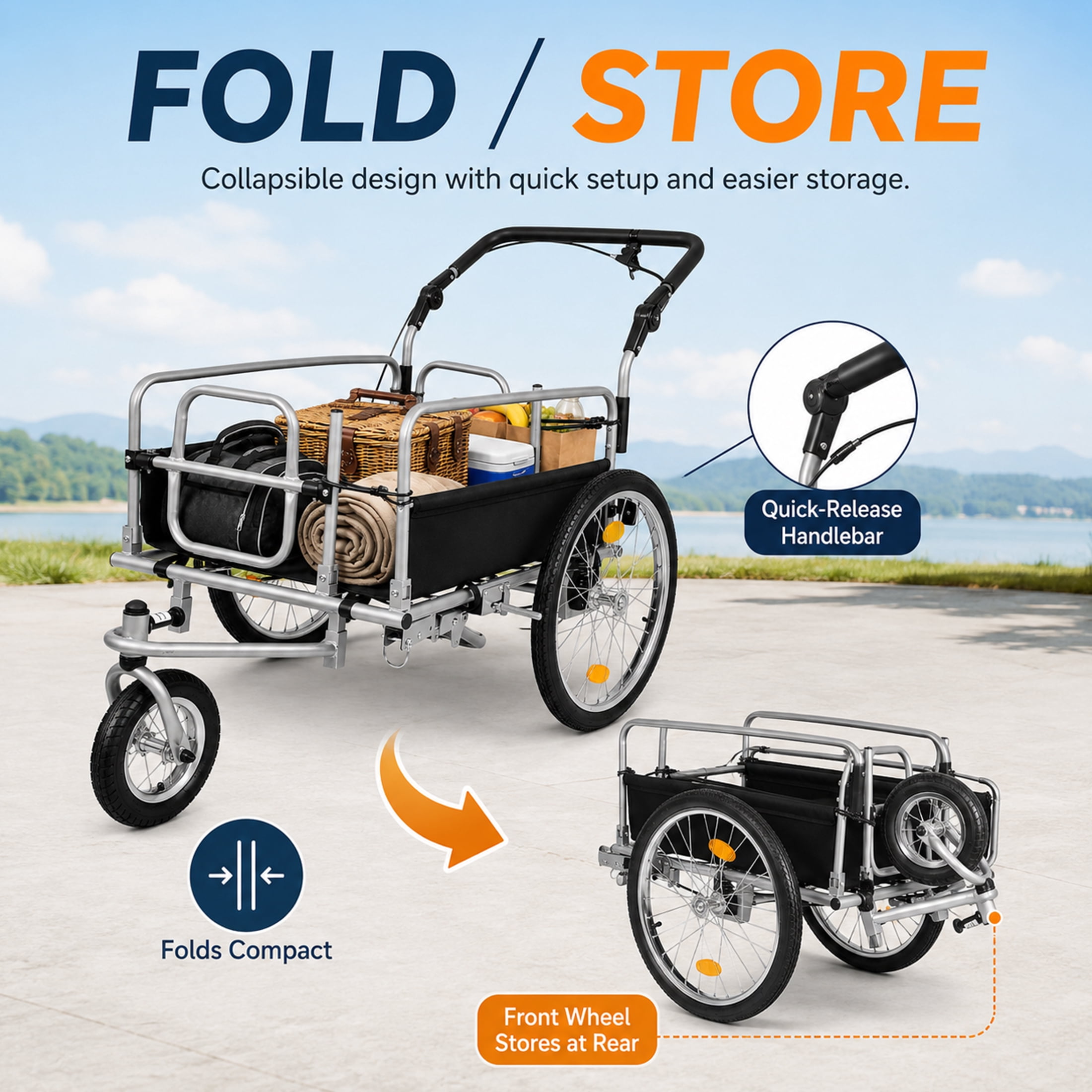 3-in-1 Heavy Duty Bike Cargo Trailer, E-Bike Compatible Bicycle Utility Cart with Stroller & Pull Cart Function, 110 lbs Capacity, Suspension, 20" Wheels, Black Gray