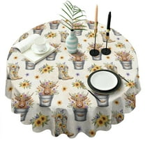 Beige Highland Cow Bucket Boot Flower Pattern Round Tablecloth 60"x60",Wrinkle Wipeable Table Cloth for Kitchen Dining Room Picnic Patio Party