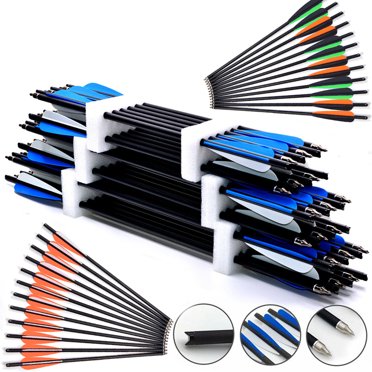 12-Pack 20" Carbon Crossbow Bolts With 12 Broadheads – Hunting Arrow Set (Blue, Traditional Style)