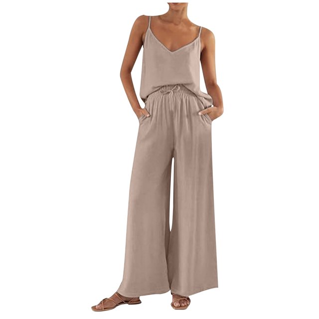 Yuyuzo Women's Summer 2 Piece Outfits Sleeveless V Neck Cami Top Drawstring Wide Leg Pants with Pockets Matching Set