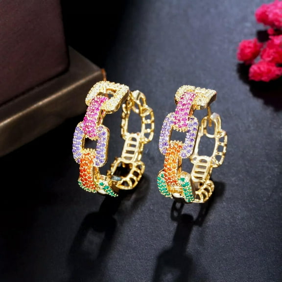 CZ Gold Plated Round Cuban Chain Link Hoop Earrings Rainbow Colorful Jewellery