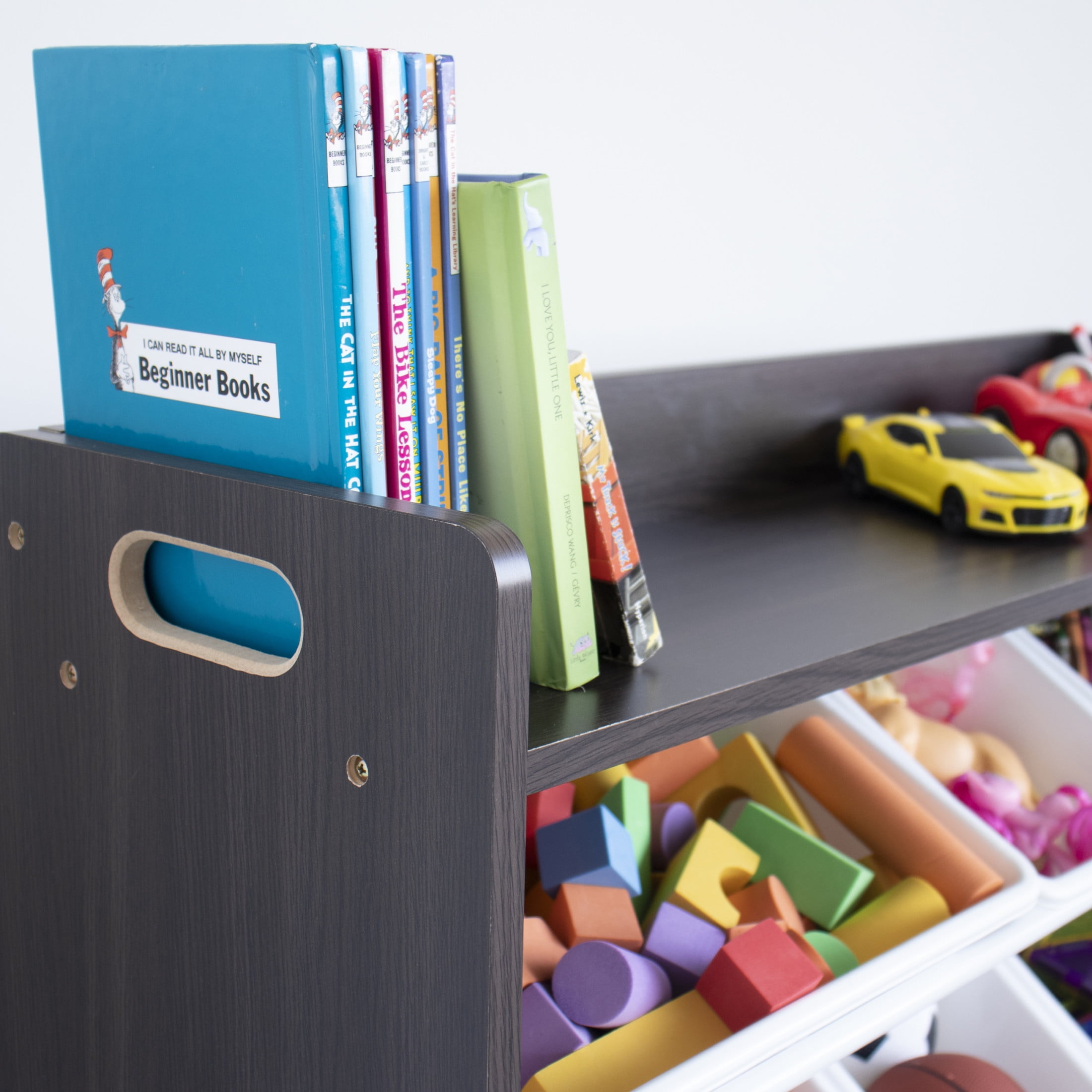 Humble Crew Kids Toy Storage Organizer with Shelf and 9 Plastic Storage Bins, Espresso/White