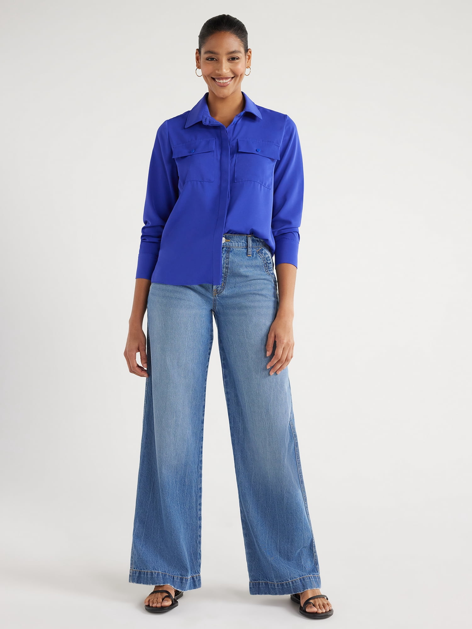 Scoop Women's & Women's Plus Button Down Blouse with Two Pockets, Sizes XS-4X