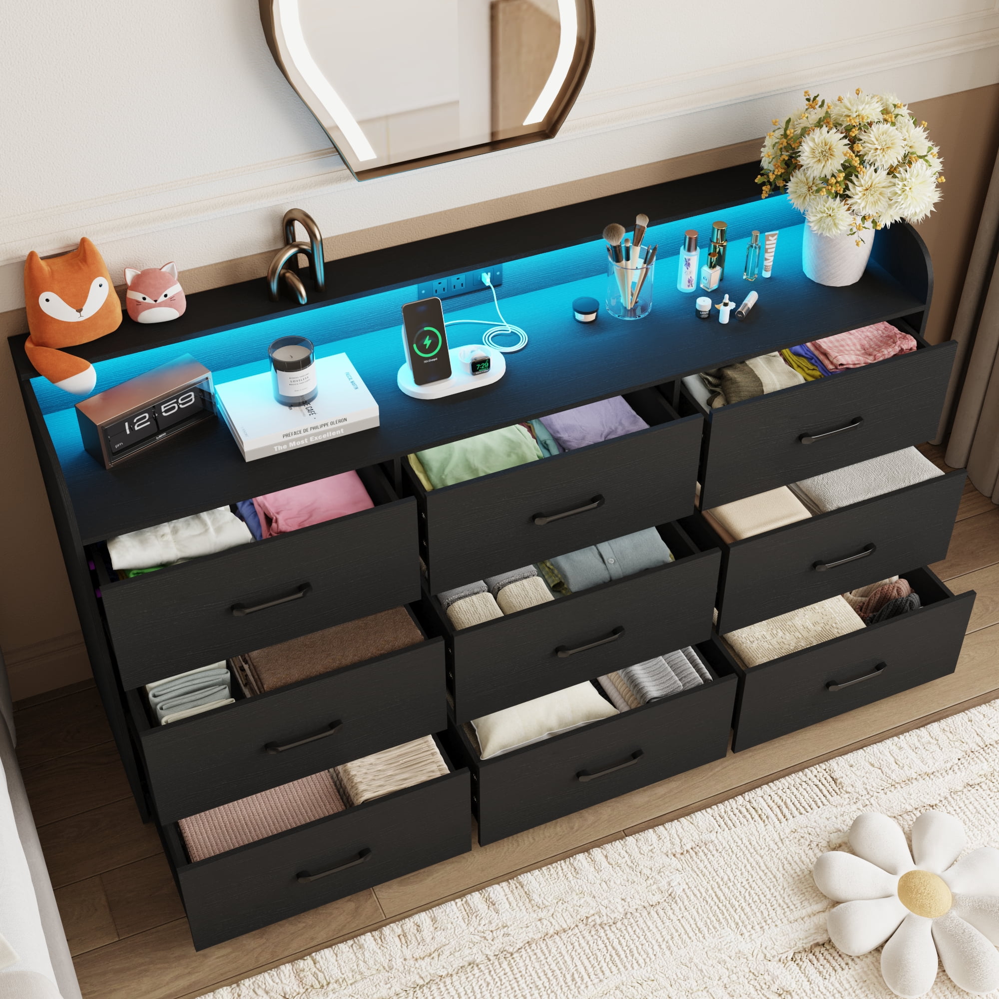 9 Drawer Dresser for Bedroom, 63" Large Long Wood dresser with Power Outlet, LED Light and Deep Big Drawers, Modern Minimalist Black Dresser Wide Chest of Drawers for Bedroom, Living Room
