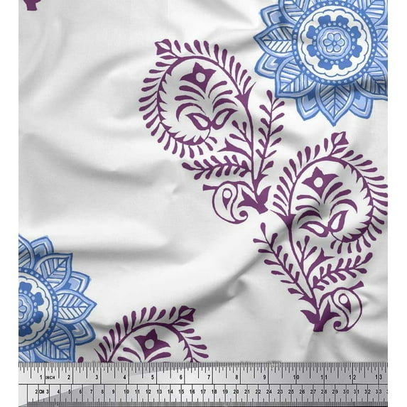 Soimoi Crepe Silk Fabric Paisley,Leaves & Floral Mandala Block Print Fabric by The Yard 42 Inch Wide