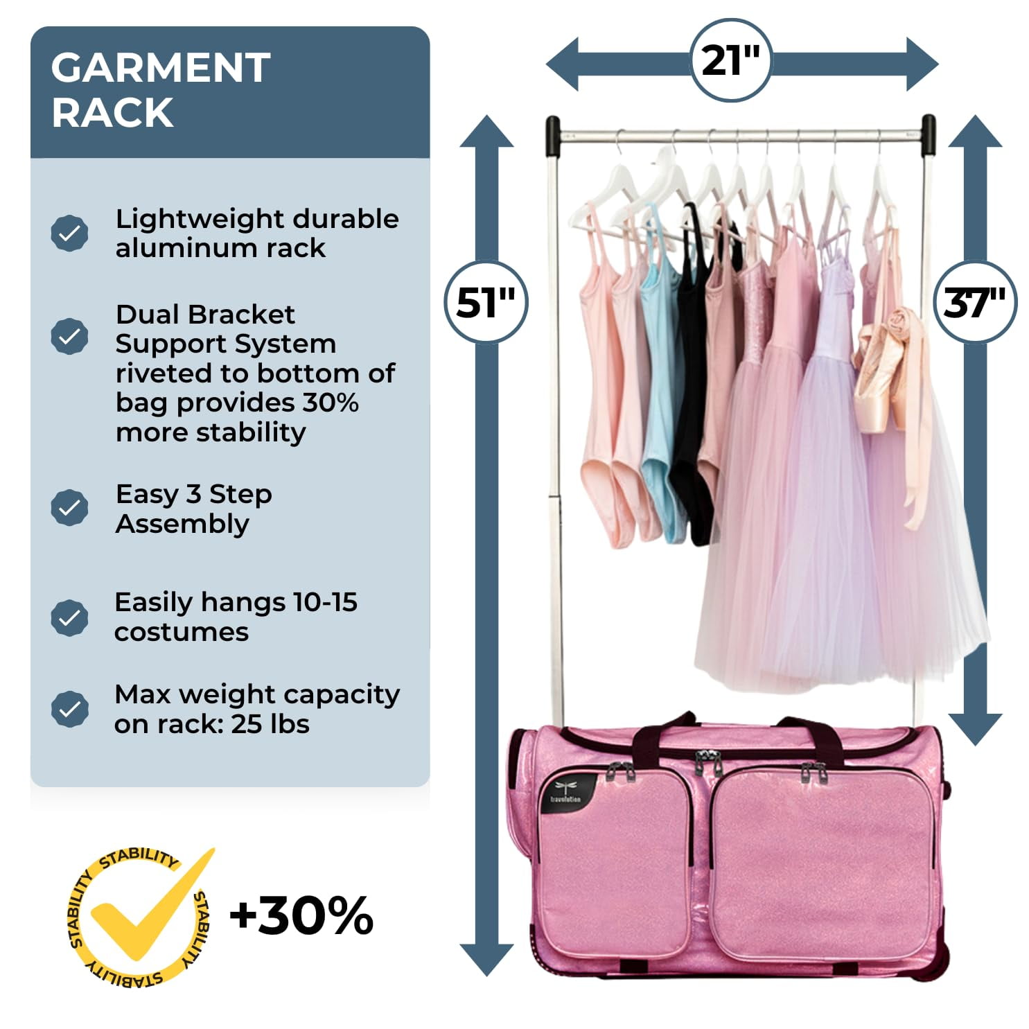NEW! Travolution Dance Bag with Garment Rack, 23 Inch Rolling Duffel With Wheels, Ideal for Competitions & Travel, Easy-assembly Lightweight Aluminum Clothes Rack (Glitter Pink)