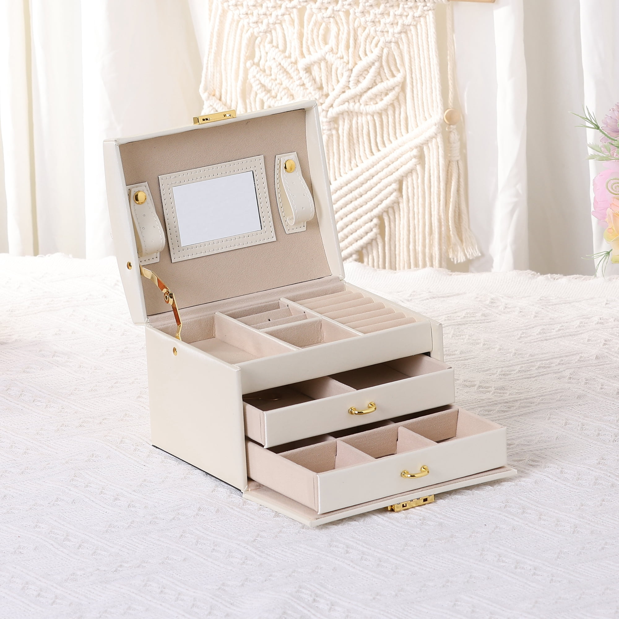 Unique Bargains 3 Layer Jewelry Box with Mirror for Women PU