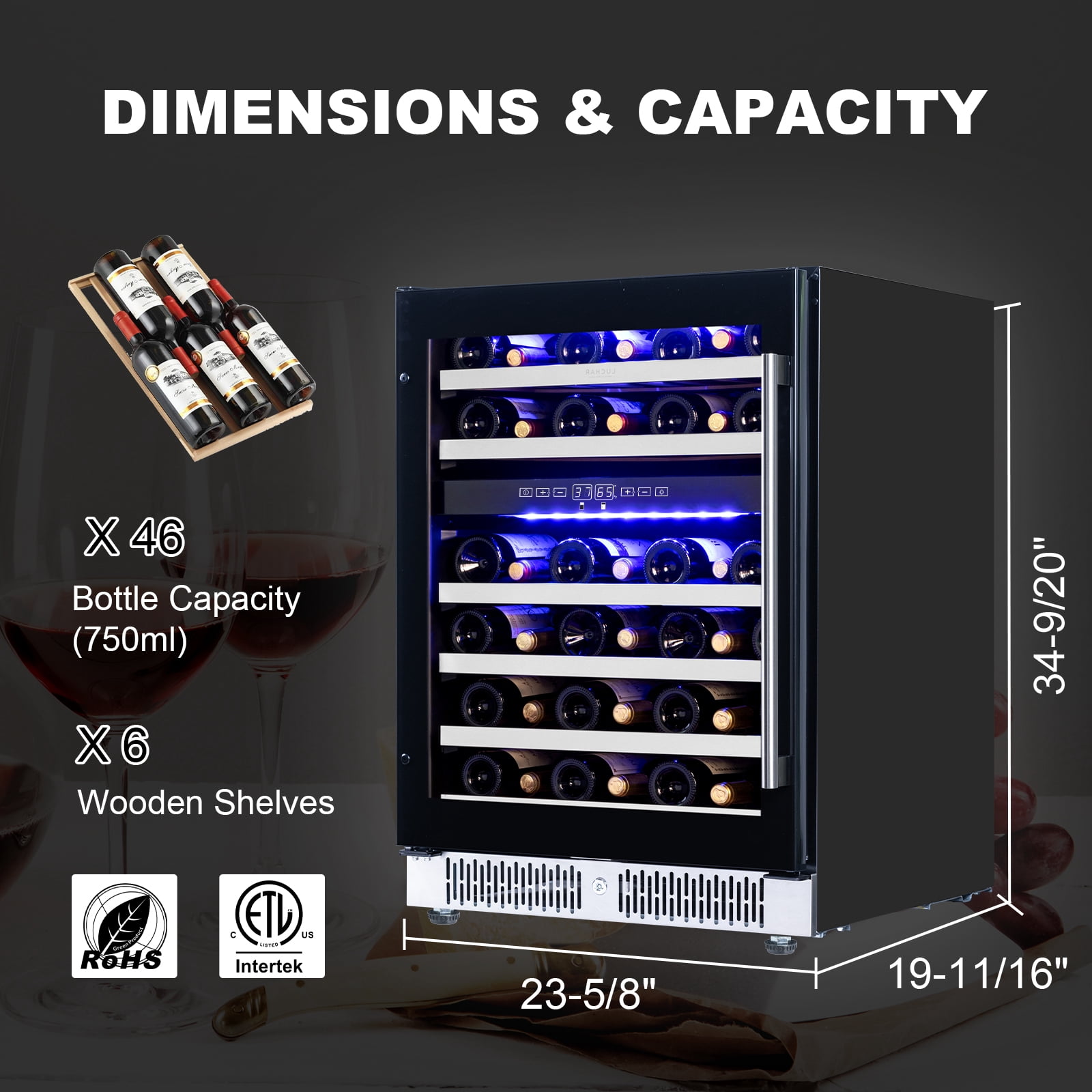 Luchar Wine Fridge 24 Inch, 46 Bottles Wine Cooler with Temperature Memory & Touchscreen Design, Double UV Glass Door and Removable shelves, Black