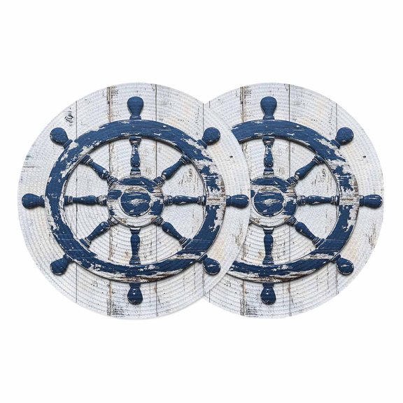Navy Blue Coastal Round 15 Inch Placemats Set of 2, Nautical Summer Rudder Vintage HeatResistant Non Slip Place Mats for Dining Table, Wipeable Braided Kitchen Table Mats for Housewarming