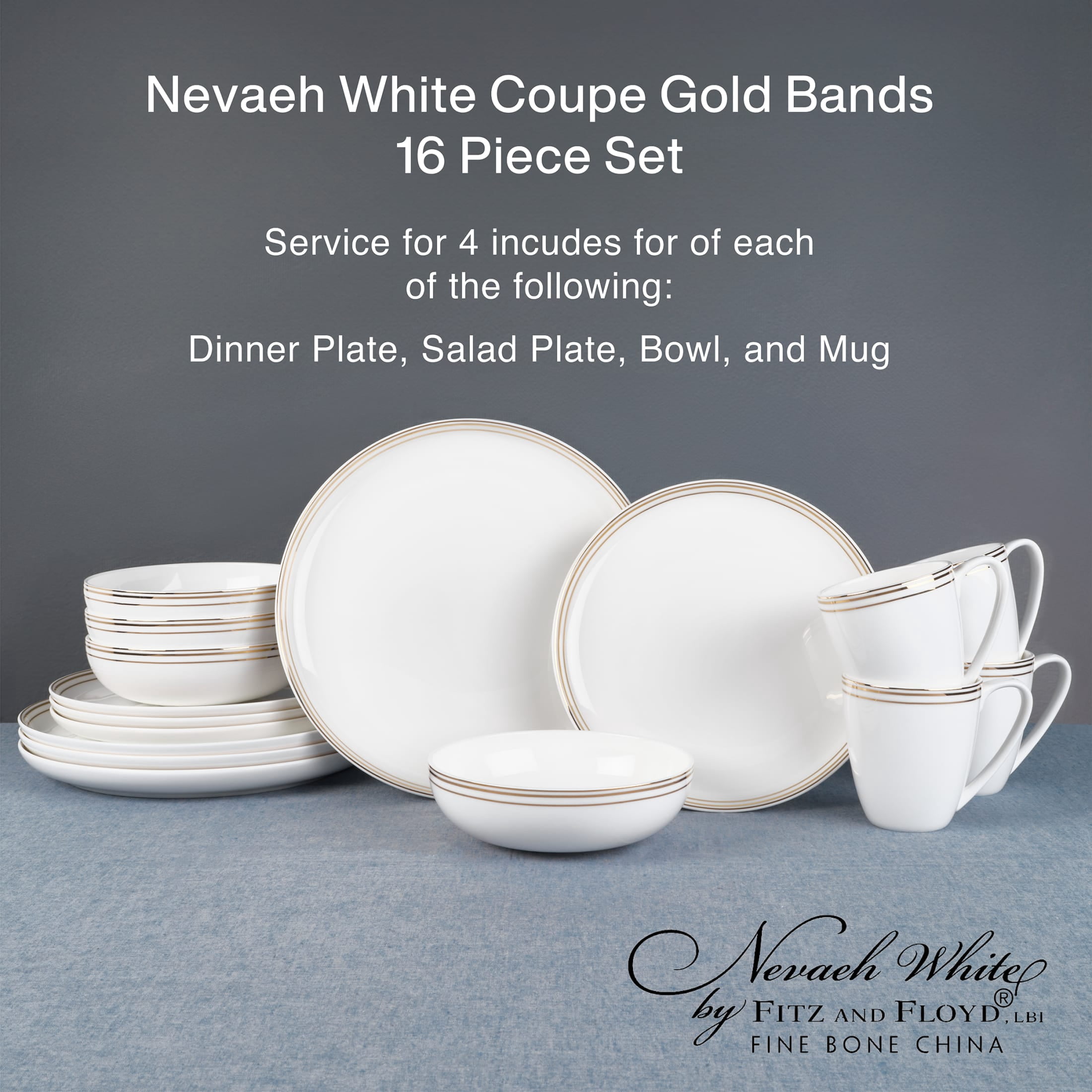 Fitz and Floyd Nevaeh Coupe Gold Bands 16-Piece White Bone China Tableware Set (service for 4)
