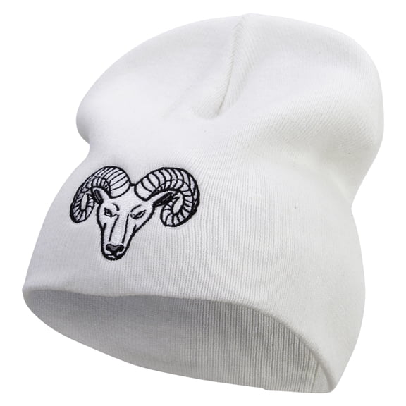 Angry Ram Head Embroidered Big Size Superior Cotton Short Knit Beanie - White XL-3XL