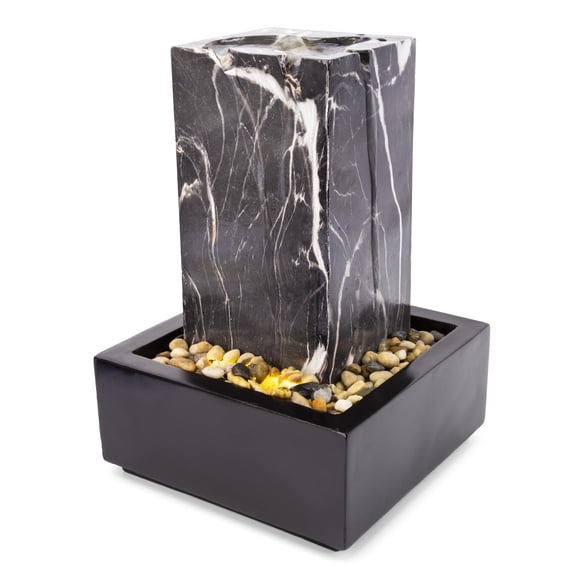 Marble Pillar Tabletop Water Fountain, 13.5" (Over 1 Foot Tall), Cascading Waterfall, with LED Light and Real Stones, Decorative Indoor Water Fountain, by Better Office Products