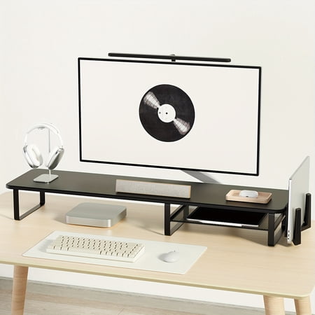 Adjustable Height Wooden Monitor Stand with Side Tablet Holder Rectangular Laptop & Monitor Riser with Storage Organizer Ergonomic Desktop Stand for Office Home & School Workstations