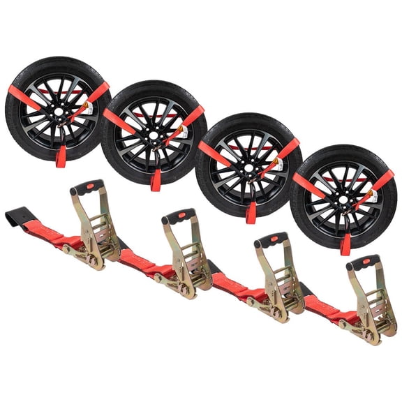 4 Pack 2" x 120" Car Tie Down Straps for Trailer with Flat Hook - 3333 LB WLL Red Lasso Style Tire Straps for Car Trailer with Ratchets - Vehicle Tie Down Wheel Straps for Hauling Cars