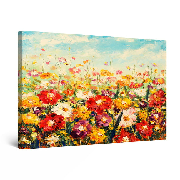Startonight Canvas Wall Art White Red Beautiful Field of Flowers, Framed 32" x 48"