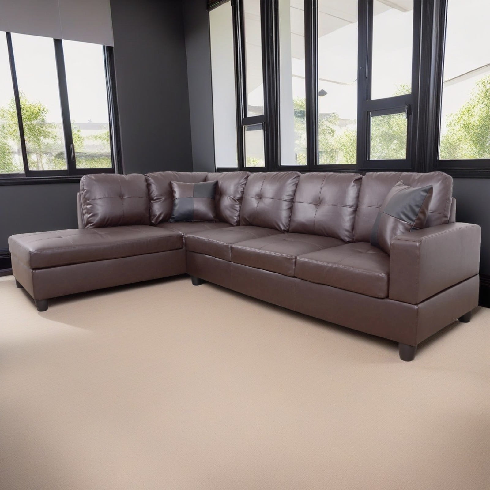 Hommoo 4 Seat Living Room Furniture Sets, Faux Leather Sectional Sofa, Modern L-Shaped Couches and Sofas Set for Home, Brown(No Ottomans)