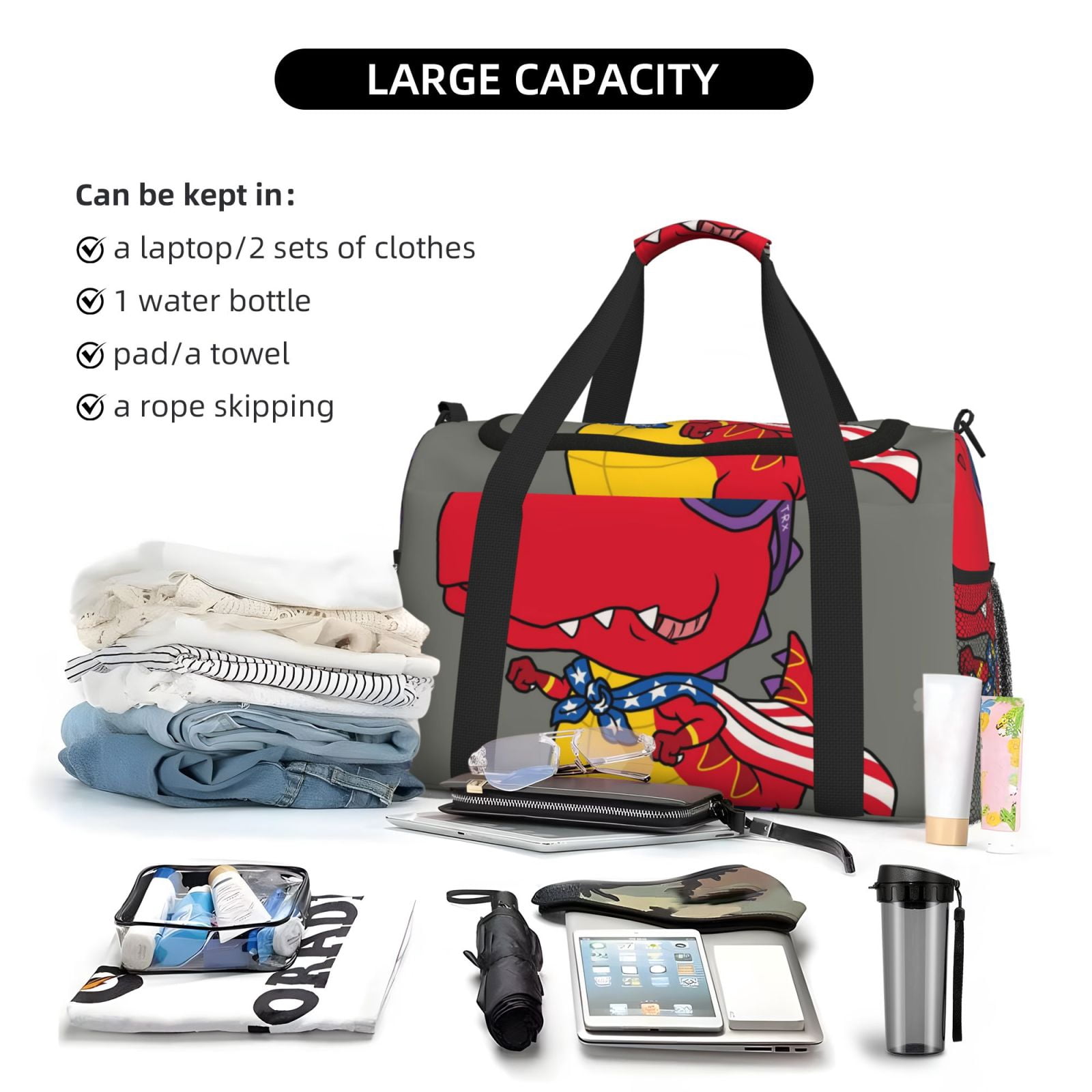 Fuzoiu Dinosaur Super Hero Cartoon Print Travel Duffle Bag,Carry On Tote Bags,Duffel Bag,Sport Gym Bag, Hospital Bag for Labor and Delivery, Overnight Bag,Luggage Bag