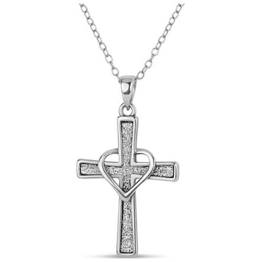 Sterling Silver Rhodium Plated Glitter Cross With Heart Pendant Necklace, 18"