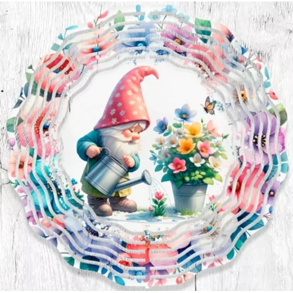 Springtime Gnome Watering Flowers 10" Round 3-D Wind Spinner