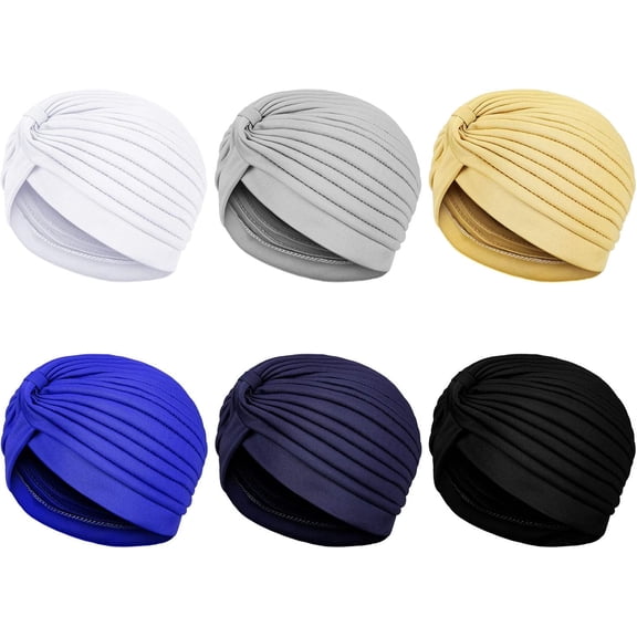Lsupdaol Turbans for Women Stretch Slouchy Head Beanie Cover Pre-Tied Knot Twisted Pleated Headwrap, Assorted Colors (Khaki, Black, White, Dark Blue, Light Gray, Navy)