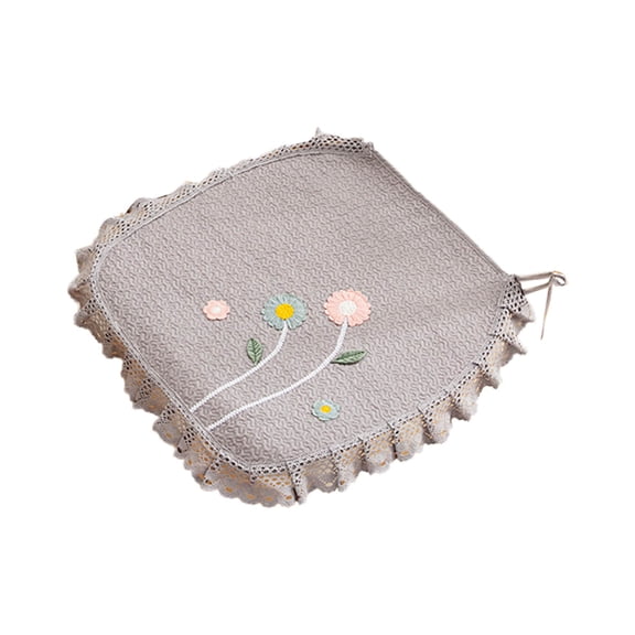 Embroidered Lace Edge Dining Chair Seat Cushion Light Gray Breathable Polyester Anti- Tie-on Kitchen Chair Pad