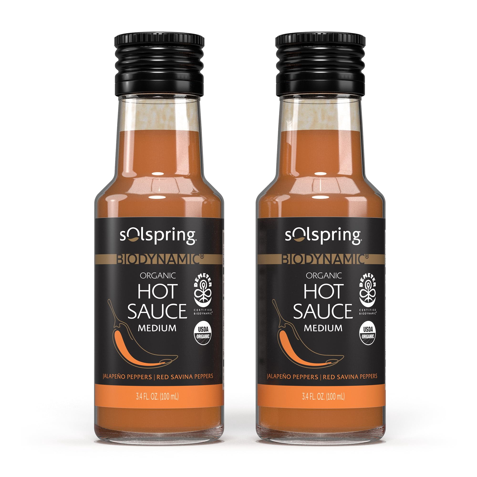 Solspring Biodynamic Organic Hot Sauce Medium 3.4 Fl. Oz. (100 mL) Jalapeno & Red Savina Peppers Non-GMO Gluten-Free Soy Free Certified USDA Organic Demeter Certified