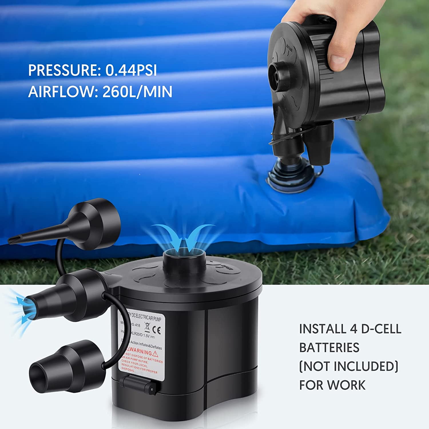 NIGHTEEN Electric Air Mattress Pump Battery Powered for Inflatables Toy Quick-Fill Inflator Deflator with 3 Nozzles