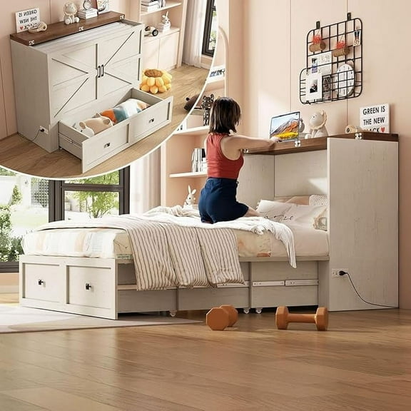 Merluxy Full Murphy Bed with Storage & Charging Station, Farmhouse Murphy Cabinet with Foldable Panel, for Guest Bedroom, Living Room,Distressed White