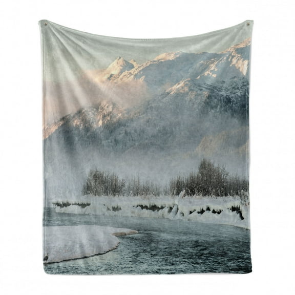 Alaska Soft Flannel Fleece Throw Blanket, Chilkat Valley Covered in Snow Winter Season Landscape Idyllic Scene from North, Cozy Plush for Indoor and Outdoor Use, 70" x 90", Grey White, by Ambesonne