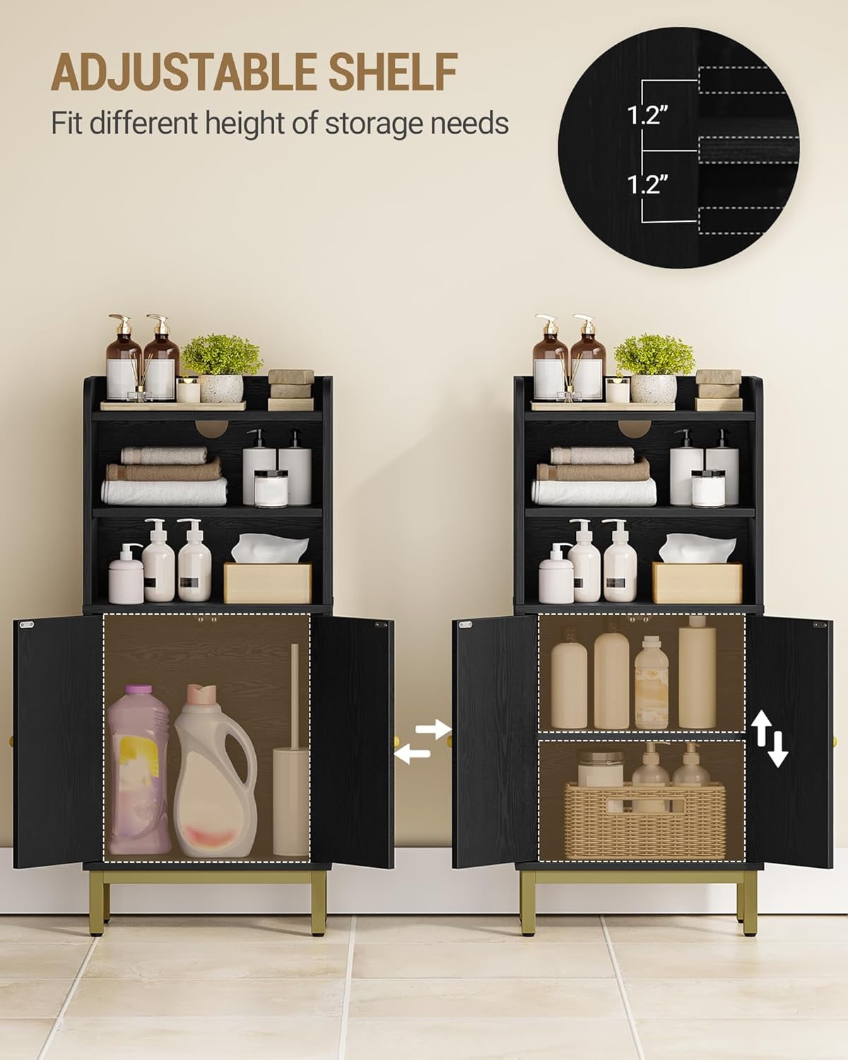 Bathroom Storage Cabinet, Small Floor Cabinet with 2 Door and Shelves, Toilet Paper Cabinets, Bathroom Organizer with Adjustable Shelf, for Small Spaces Black 7.9" D x 14.6" W x 32.7" H