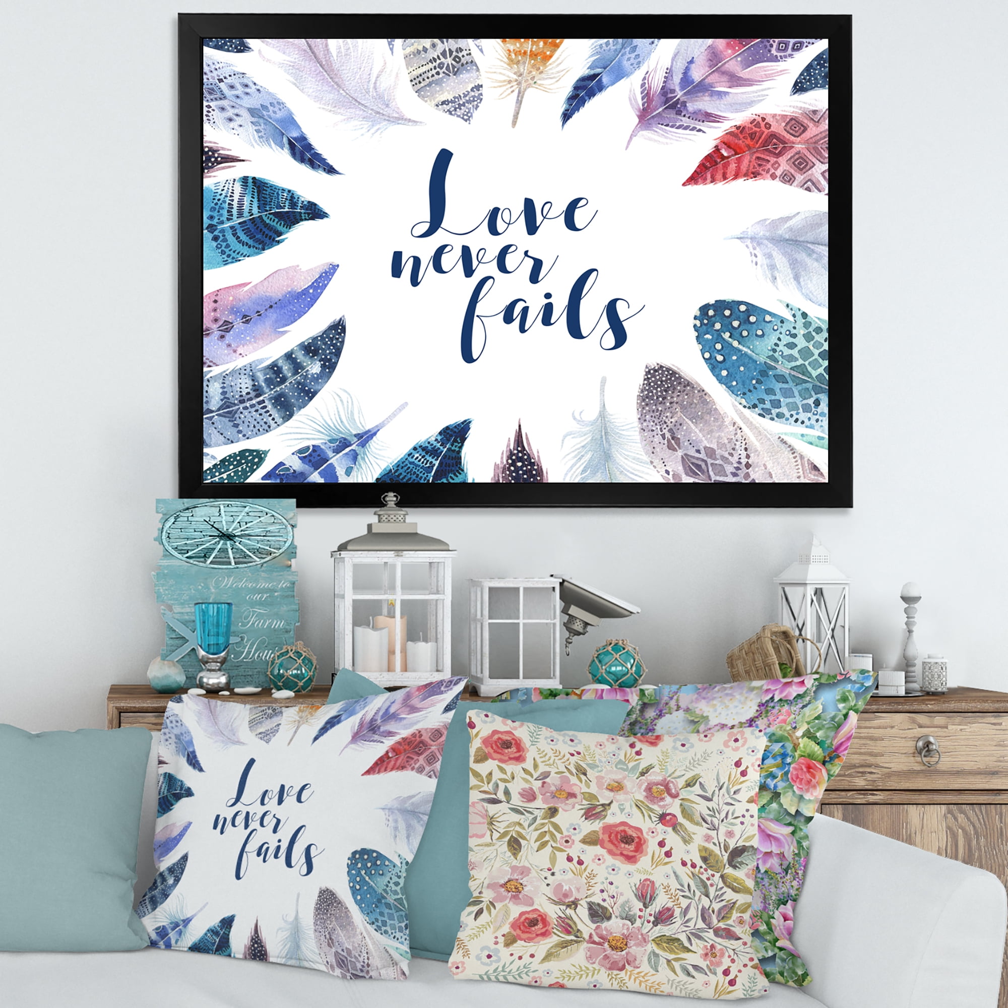 Inspiring Quote With Boho Feathers 32 in x 24 in Framed Painting Canvas Art Print, by Designart