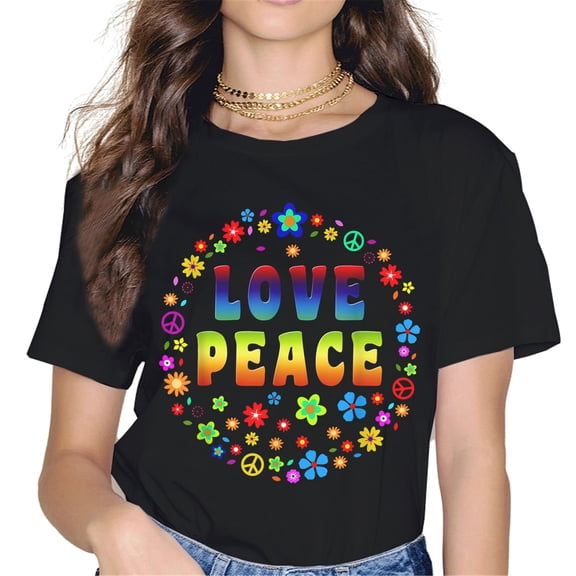 Peace Sign Love T Shirt 70s Hippie Costume Women Tops T-Shirt Graphics Shirt Casual Short Sleeve Crew Neck Shirts Gift Tee Black XX-Large