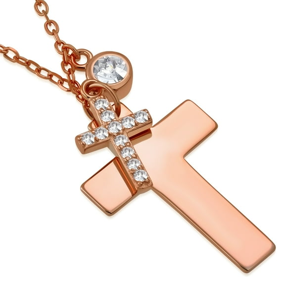 925 Sterling Silver Double Cross CZ Cross Necklace Pendant