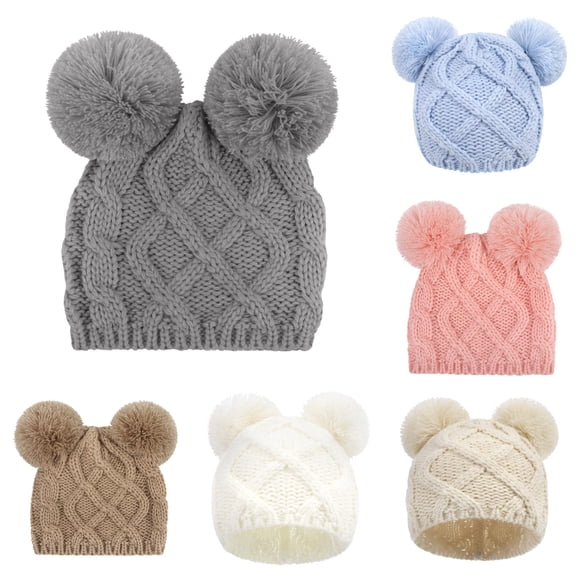 Oiyii Newborn Girls Double‑Pom‑Pom Pom‑Pom Hat Solid Beanie Hats Daily‑Wear Headwear, Grey