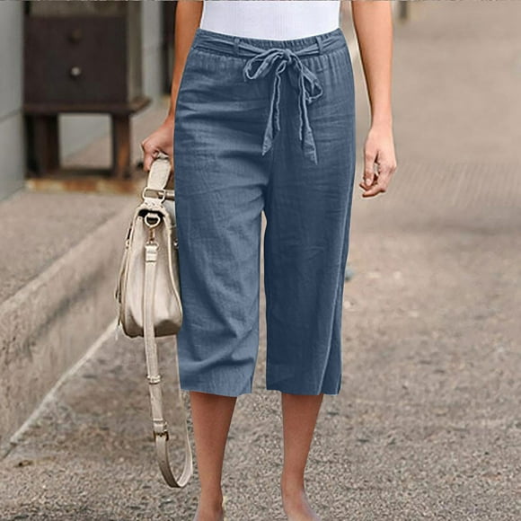 Shorts for Women TopLLC Womens Shorts Women Casual Solid Color Cropped Trousers Bandage Pockets Elastic Waist Comfortable Straight Pants Women Pants on Clearance