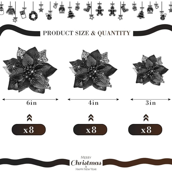 24 Pieces Christmas/Halloween Artificial Glitter Poinsettia Flowers Xmas Flowers Wedding Christmas Tree New Year Ornaments(3in 4in 6in X8)