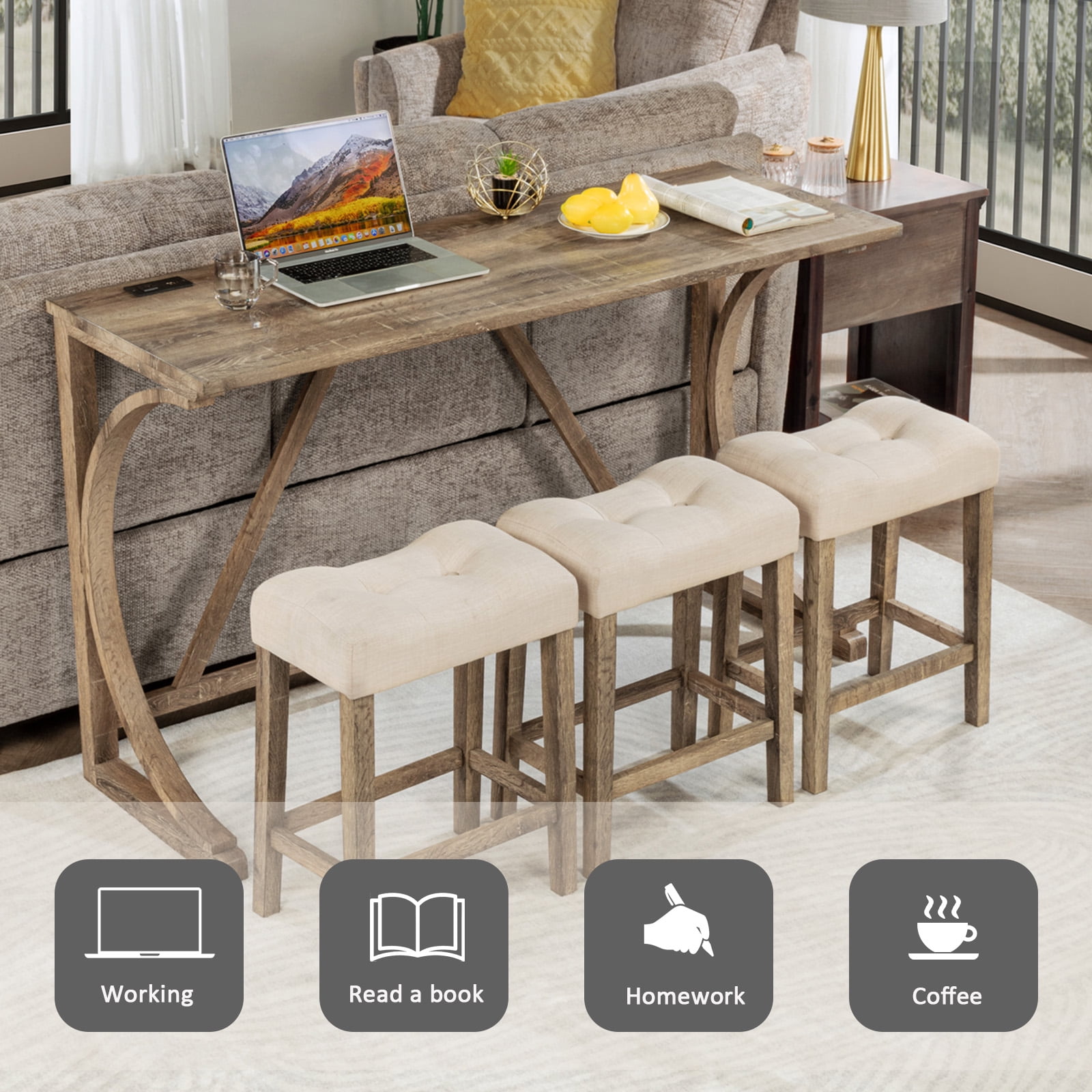 LUCKHAO 4-Piece Counter Height Bar Table Set with Socket and 3 Fabric Padded Bar Stools, Tall Kitchen Breakfast Dining Table Set with Stools