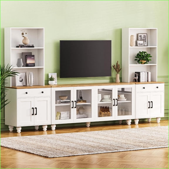 Farmhouse White TV Stand with Solid Wood Legs, Glass Doors & Adjustable Shelves for TVs Up to 70" | TV Size Ranges | TV Furniture